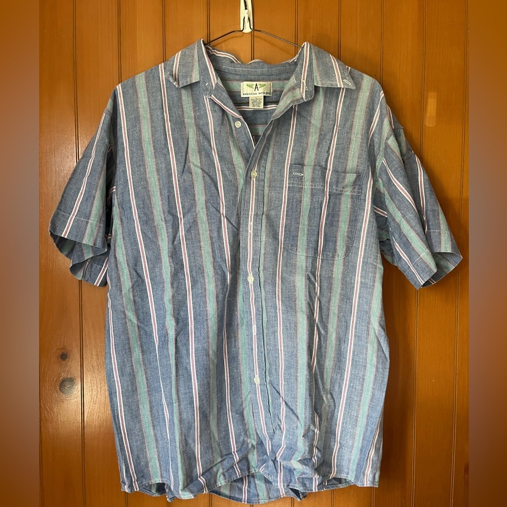 Vintage American Weekend Mens button up striped short sleeve blue red sz Large